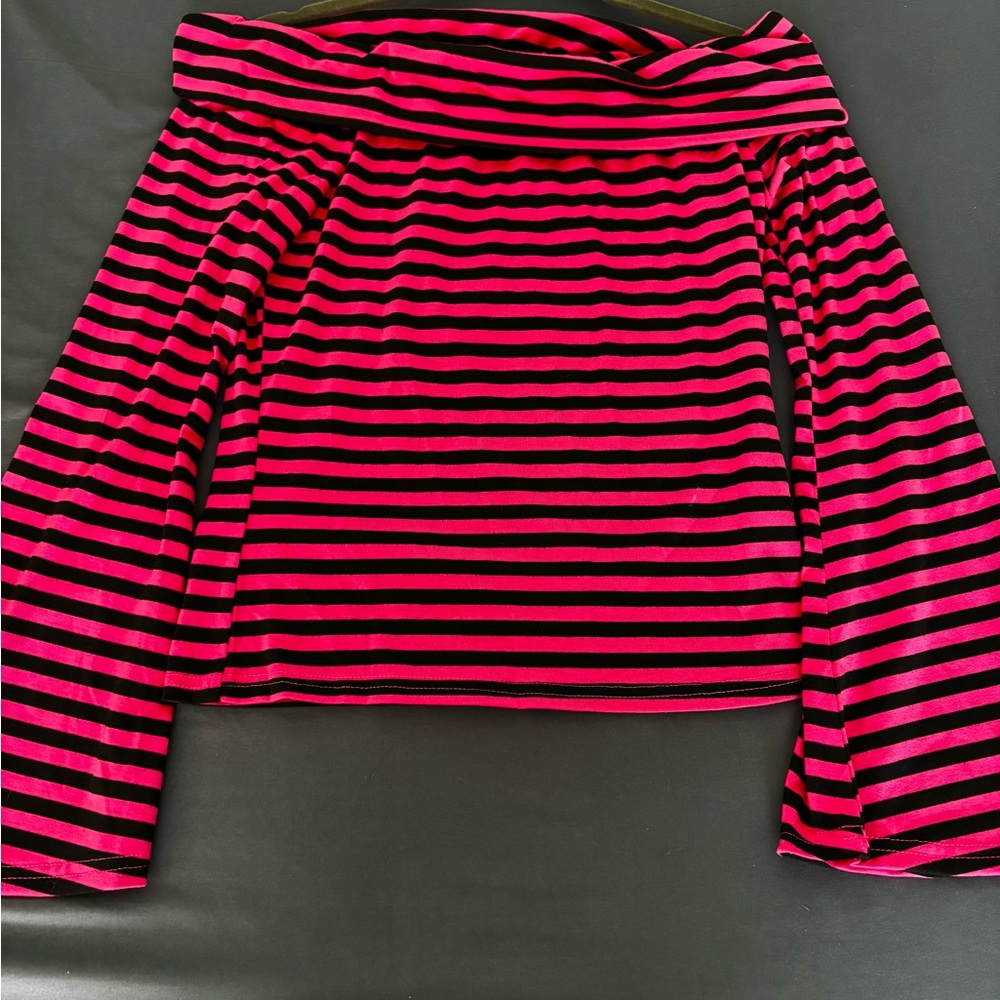 SHEIN Pink and Black Striped Long Sleeve Top